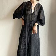 HYR☆かぎ針編み風 ブロックレース フレンチスリーブ 深Vネック 長袖ワンピース