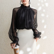 ブラウス 長袖ブラウス レディース トップス シフォンシャツ 透け感 フェミニン ドット柄