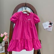[90-140cm]  女の子 LOGO刺繍入り ワンピース パフスリーブ ローズピンクプリンセスドレス キッズ 可愛い