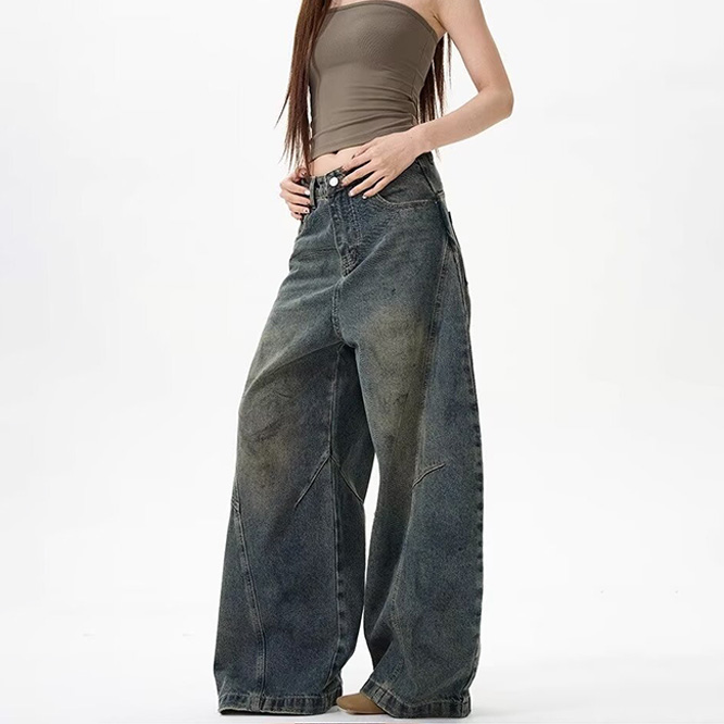ダーティ加工ダメージ バナナカットデニムパンツ ハイウエスト ワイドストレート ドレープシルエット