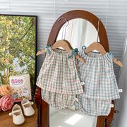 FLM☆INS風 夏 ベビー シンプル配色 薄手チェック柄タンクトップ+ショートパンツ 2点セット