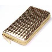 MOMO　シープレザー羊革　編み込みメッシュ　男女兼用　ラウンドロングウォレット　E-031M　金