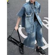 ヴィンテージ加工デニムジャケットとクロップドパンツのスタイリング2点セット