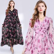 2024新作 レディース ワンピース ロング 長袖 襟付き ワイン