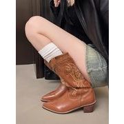 Vカット刺繍 ヴィンテージ風 ロングブーツ ライダースブーツ ウエスタンデザイン