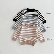 全3色[80-130cm] 子供 ボーダー柄 キッズニットトップス セーター 男女兼用 ストラップ ラウンドネック