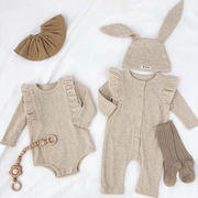 ins　秋新作　ベビー服　肩フリル　ロンパース　長袖　子供服　カバーオール　可愛い　新生児　柔らか