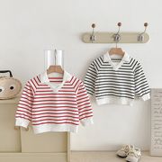 全2色[80-130cm] 子供 ボーダー柄 ポロ襟トップス 長袖カットソー 男女兼用 ストラップ ラウンドネック