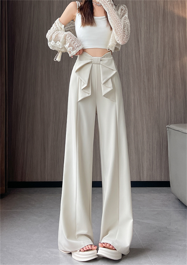 夏のオフィスパンツ ひも飾り ストレート脚ライン ゆったり丈（ハイウエスト）