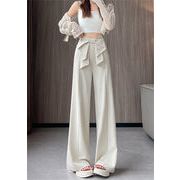 夏のオフィスパンツ ひも飾り ストレート脚ライン ゆったり丈（ハイウエスト）