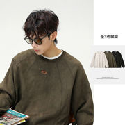 メンズ 秋新作 ヘビーウェイトスエード ラグランスリーブ クルーネック刺繍スウェット プルオーバー★全3色