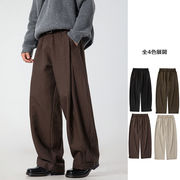メンズ 秋新作 タック入り ワイドパンツ ドレープ感 ストレート ヴィンテージ風 裾アジャスター付★全4色