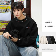 メンズ 秋新作 スウェード調 刺繍入り クルーネックスウェット レトロ風 ストリート系 プルオーバー★全3色