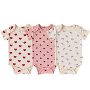 2025夏新作　ベビー服　女の子　半袖　新生児　リブ　ロンパース　柔らか　ハート柄　リボン柄　子供服