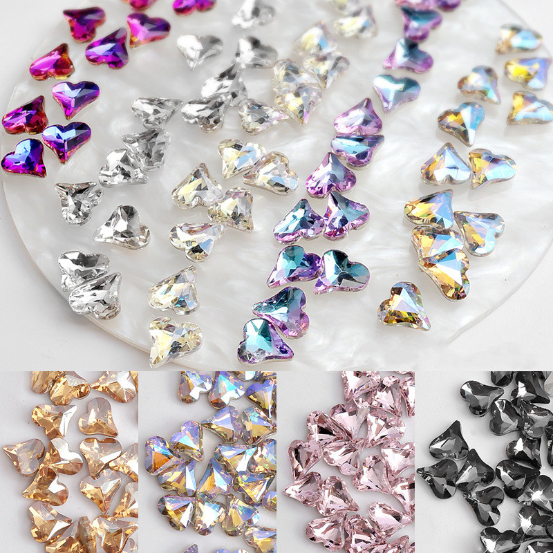 ネイルパーツ ハートストーン 8.5*9mm ぷっくりハート カラーストーン ABオーロラ Vカット ガラスストーン