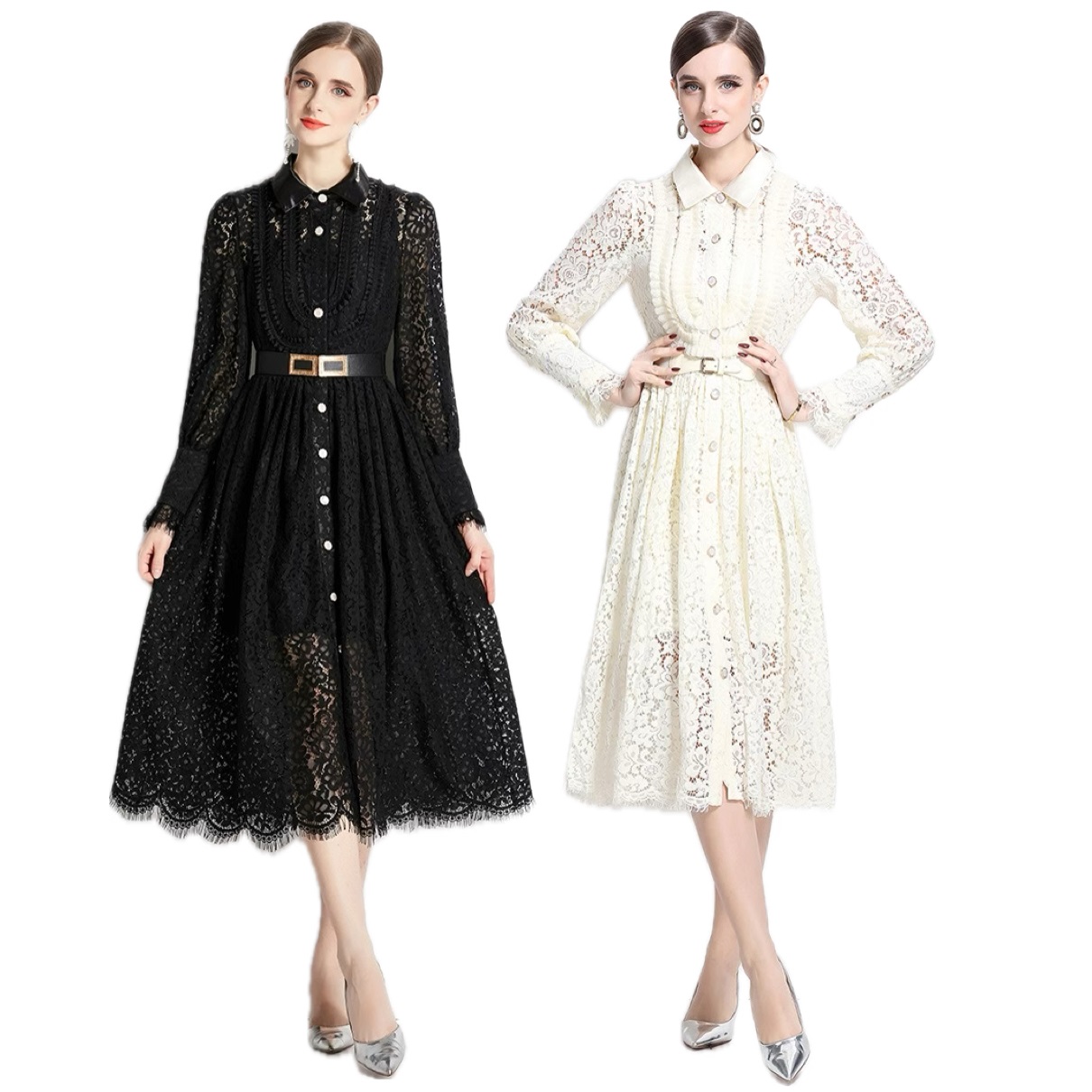 S～3L★パーティー 二次会　忘年会 　ベルト付き 可愛いフリル　上品感花柄総レースドレスワンピース