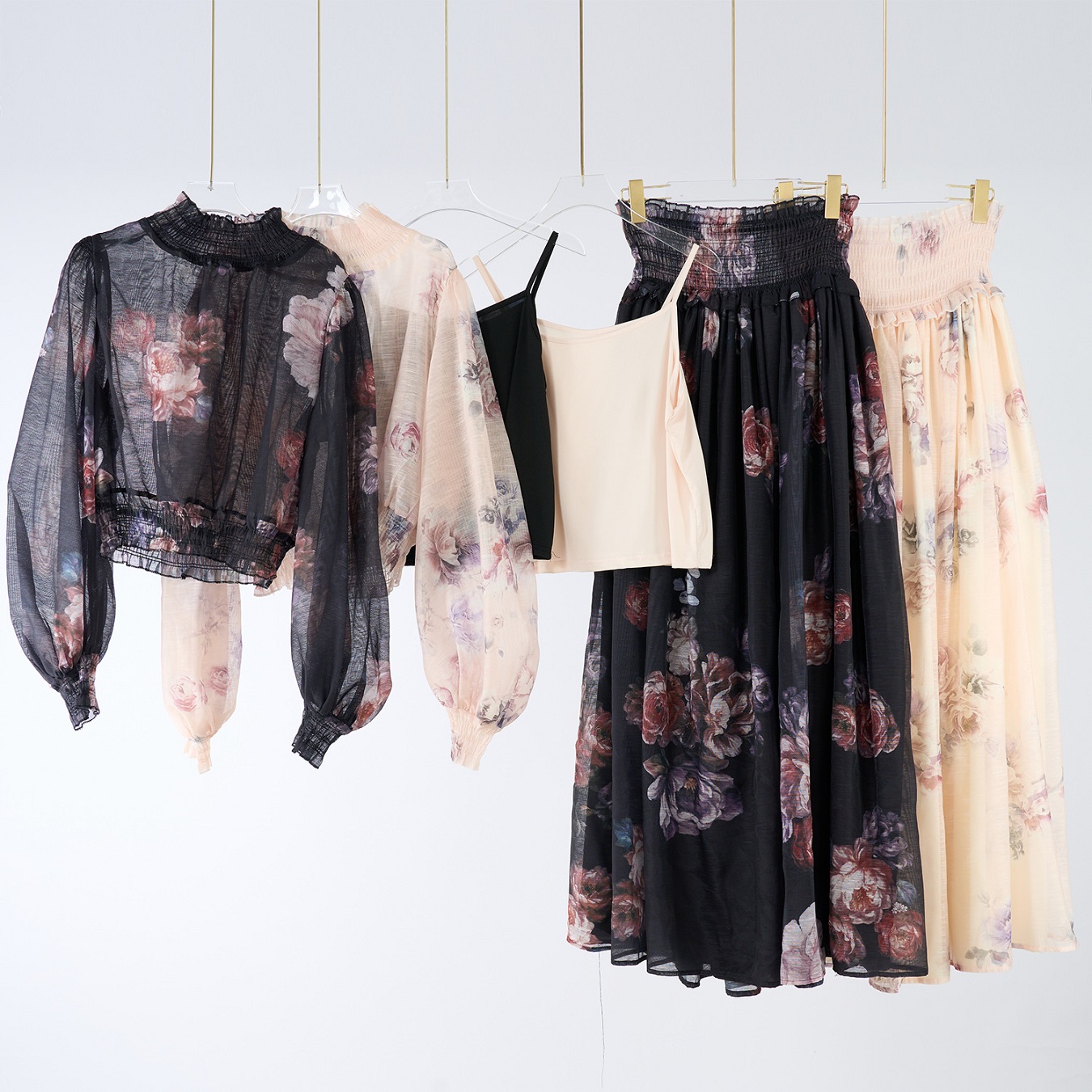 M～3L★パーティー 二次会　忘年会 　花柄ブラウス　ロングスカート　インナー　3点セット