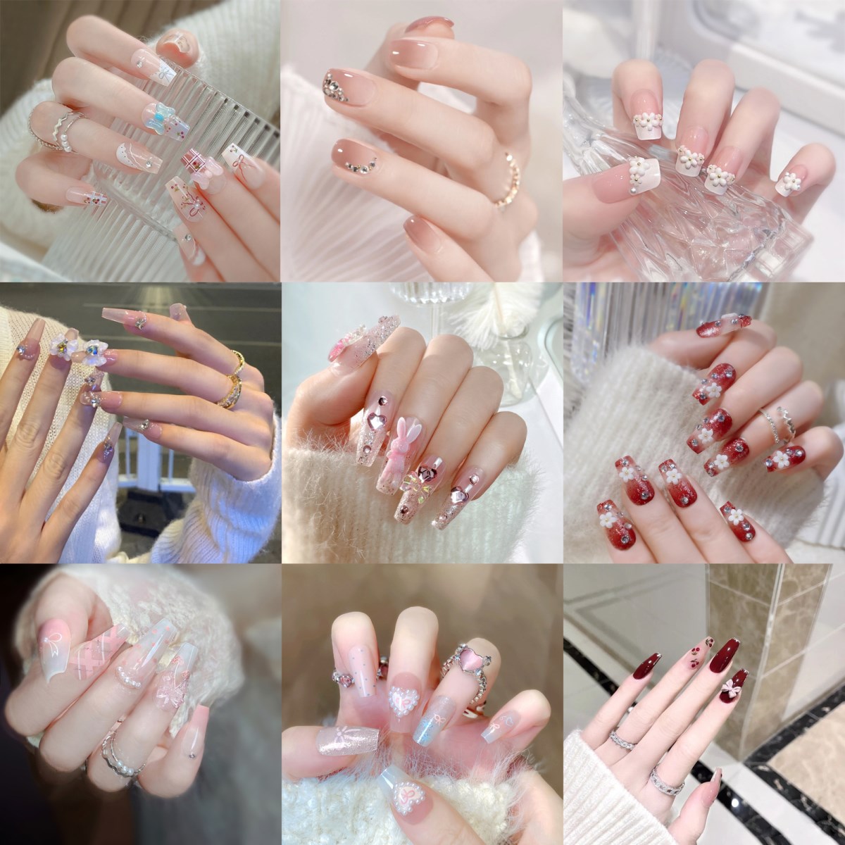 51))ストーンネイル フレンチガーリー ネイルチップ ブライダルネイル