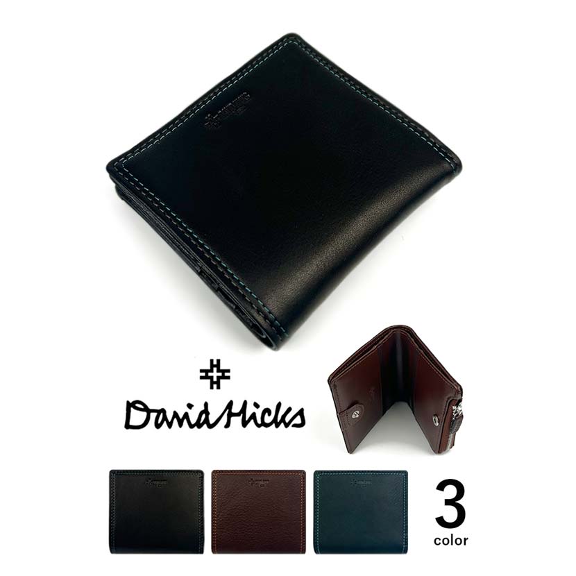 【全3色】DAVID HICKS(デービッド ヒックス)カラーステッチ リアルレザー 二つ折り財布 本革