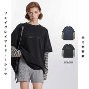 メンズ ストリート系 フェイクレイヤード レトロプリント 長袖Tシャツ ユニセックス カップルコーデ★全2色