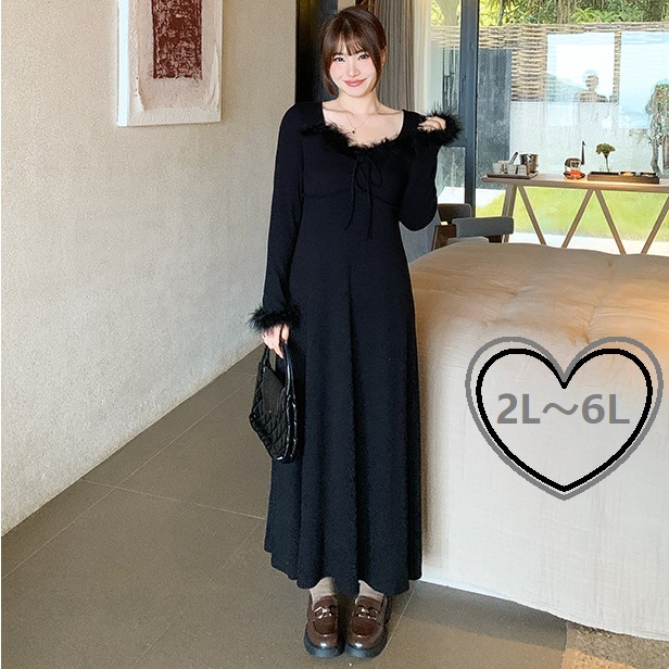 2L～6L★オシャレぽっちゃりさん服　可愛いファー付き　リーブニット　ワンピース
