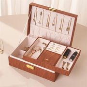 トレンド感たっぷり 多機能 ネックレス リング ピアス 収納ボックス 2026年新品 木目風 二重トレイ 大容量