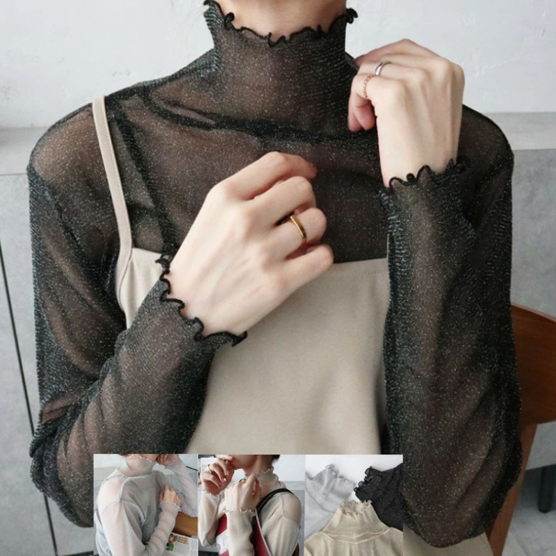 シアートップス 長袖 ハイネック シアーTシャツ 薄手 インナー トップス 大人可愛い