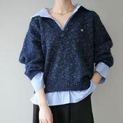 オシャレストライブシャツネック切替ニットトップスレディース　3色