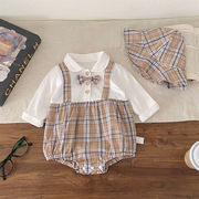 2026春新作　子供服　男の子　フェイクレイヤード　帽子付き　ロンパース　可愛い　格子　カバーオール