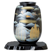 九谷焼 銀彩金彩木立連山に鶴 花台付8号ナツメ花瓶