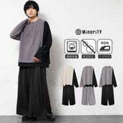 【2025年冬の新作】梨地アシンメトリーバイカラー長袖Tシャツ+袴パンツ　2点セットアップ/MinoriTY