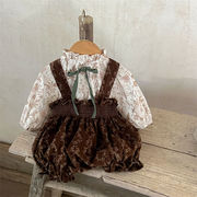 ins 春新作　ベビー服　花柄　セットアップ　立ち襟　ブラウス　サロペット　可愛い　おしゃれ　子供服