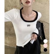 【日本倉庫即納】 Tシャツ クールネック 刺しゅう 秋冬
