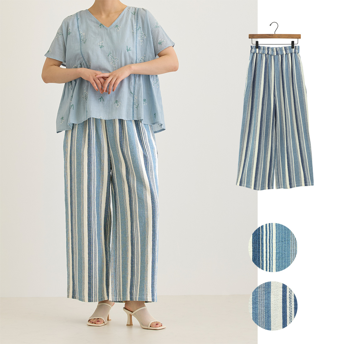 【Shanti Shanti】パンツ ストライプ[レディースボトムゆったりワイドパンツ先染め生地アジアン26SS]