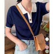 【日本倉庫即納】 ポロニットトップス半袖ポロシャツVネック