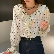シャツ　レディース　デザイン　韓国ファッション　INS　ドット柄