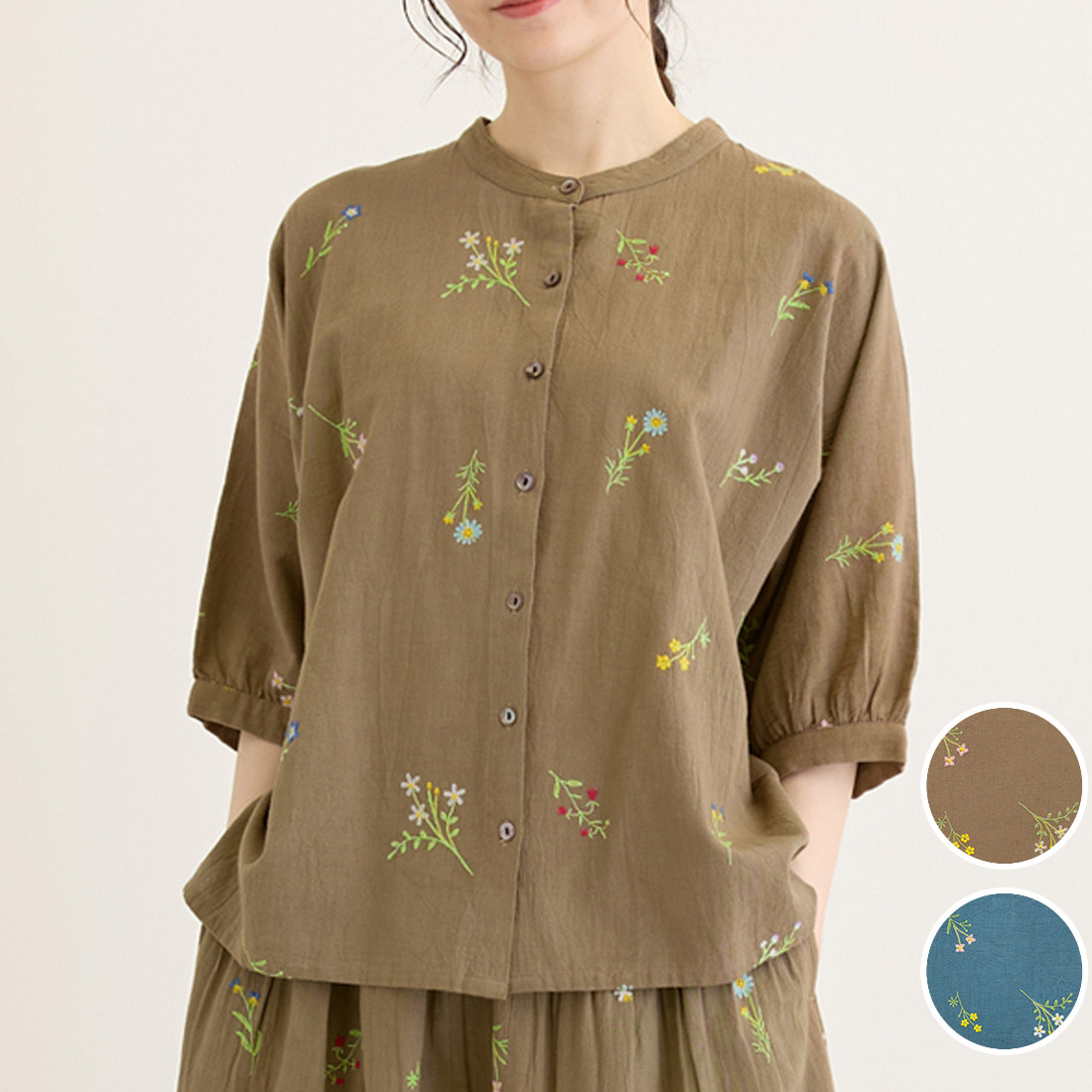 【PORINA】ブラウス プリマベーラ[5分袖前開き小花刺しゅう刺繍ボタニカルフローラルナチュラル春夏26SS]