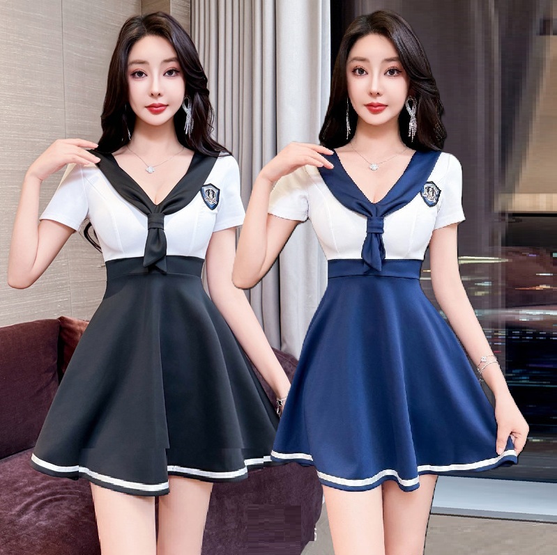 ★S～4L★キャバドレス キャバ嬢　学生風　セーラー服　バイカラーミニ丈ワンピース
