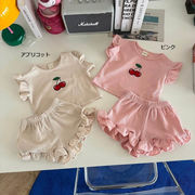 全2色[80-130cm] 韓国風 子供 女の子 キッズ チェリー柄 フリル半袖Tシャツ＋ショートパンツ セットアップ