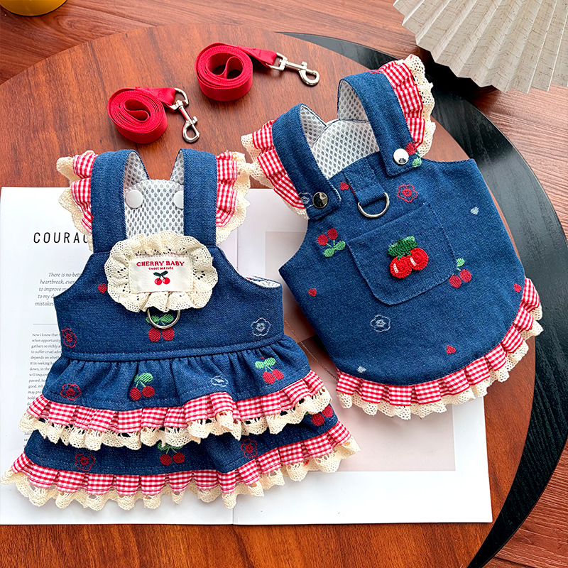 春夏新作 デニム ワンちゃん服　牽引ロープ付き 犬服  猫 ネコ 猫服 ペット 犬  犬猫雑貨(XS-XXL)