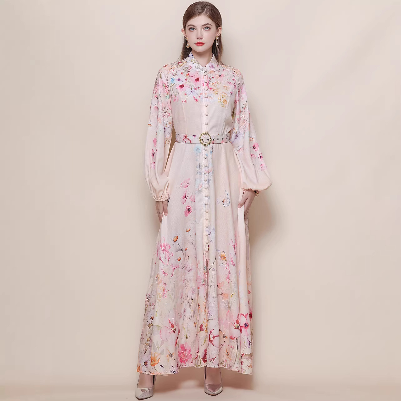 2026新作★出かけ パーティー   大人可愛い長袖パフスリーブ　優雅　花柄ロングワンピース