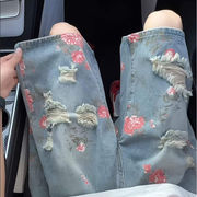 メンズ デニム ショートパンツ ハーフ 花柄 ダメージ加工 総柄 ウォッシュ ゆったり