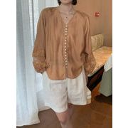 今季マストバイ デザイン おしゃれ   V ネック  シングルボタン   レース   ブラウス  トップス