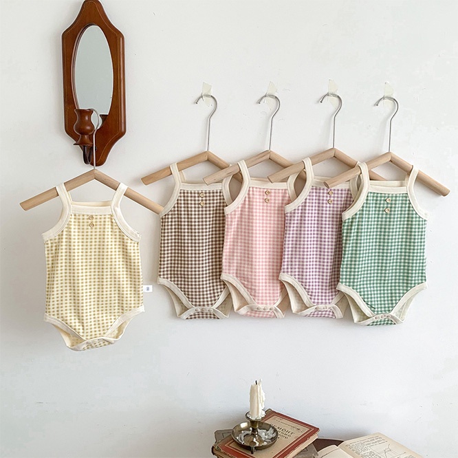 2026夏服※FLM☆キャミソール チェック柄 ロンパース 三角ロンパース タンクトップ ハイハイ服