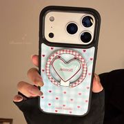 金箔ブルーチェックハート iPhone 17ProMax 韓国風マグネットケース