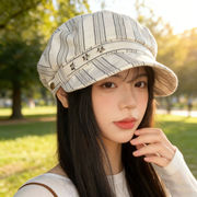 ストライプ 星柄 キャスケット 春秋 レトロ 綿麻 ベレー帽 韓国風 帽子