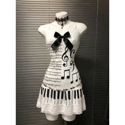 モノトーン 音符柄 ピアノ キャミワンピース 夏物 ウエストマーク 着痩せ レース ギャル系