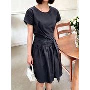 リボン付き半袖アシメワンピース フリーサイズ 2色 春夏レディースワンピ