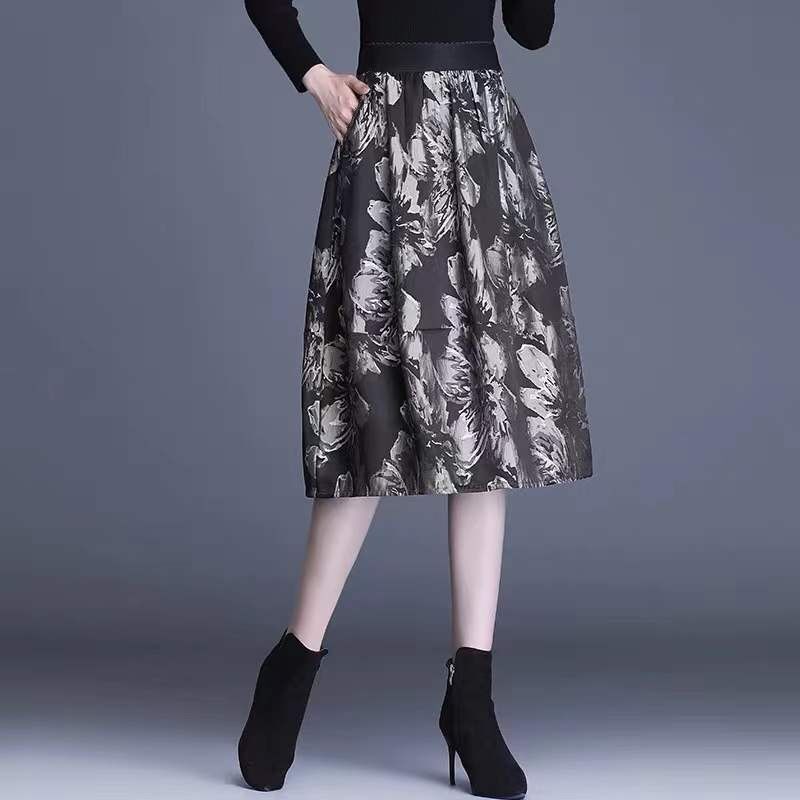 ★M~5L★大きいサイズ★ウエストゴム　バルーンデザイン花柄ジャガード織　スカート　