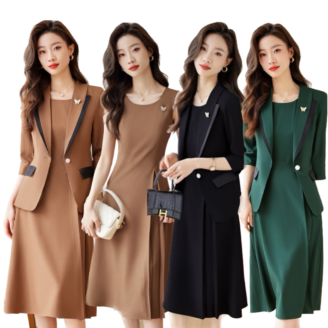 ★S～6L★ OL 通勤 オフェス パーティー 司会  オシャレ着 薄手 七分袖 ジャケット　ワンピース　２set